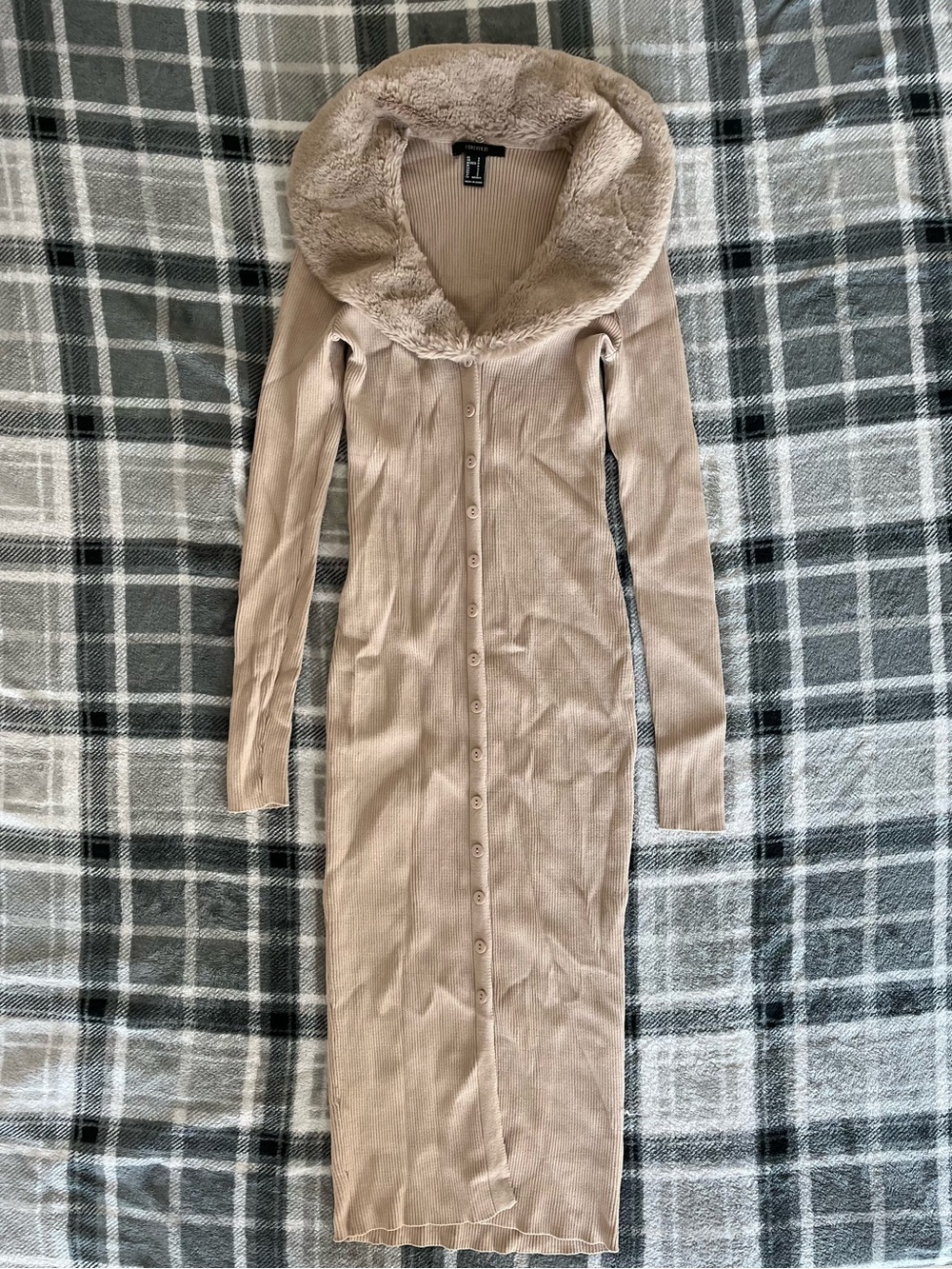 Forever 21 Beige Teddy-Collar Button-Front Long Knit Jacket